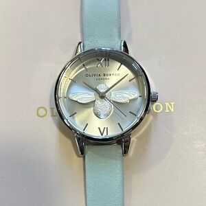 Olivia Burton Watch With 30mm Silver Face With 3D Silver Bee & Sage Green Band